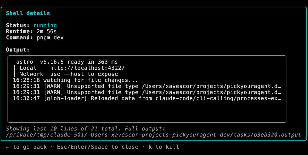 Claude Code shell details showing status, runtime, command and output with option to kill process