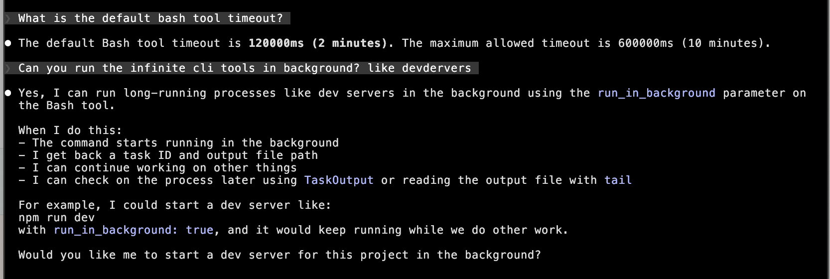 Claude Code explaining the run_in_background parameter for long-running processes
