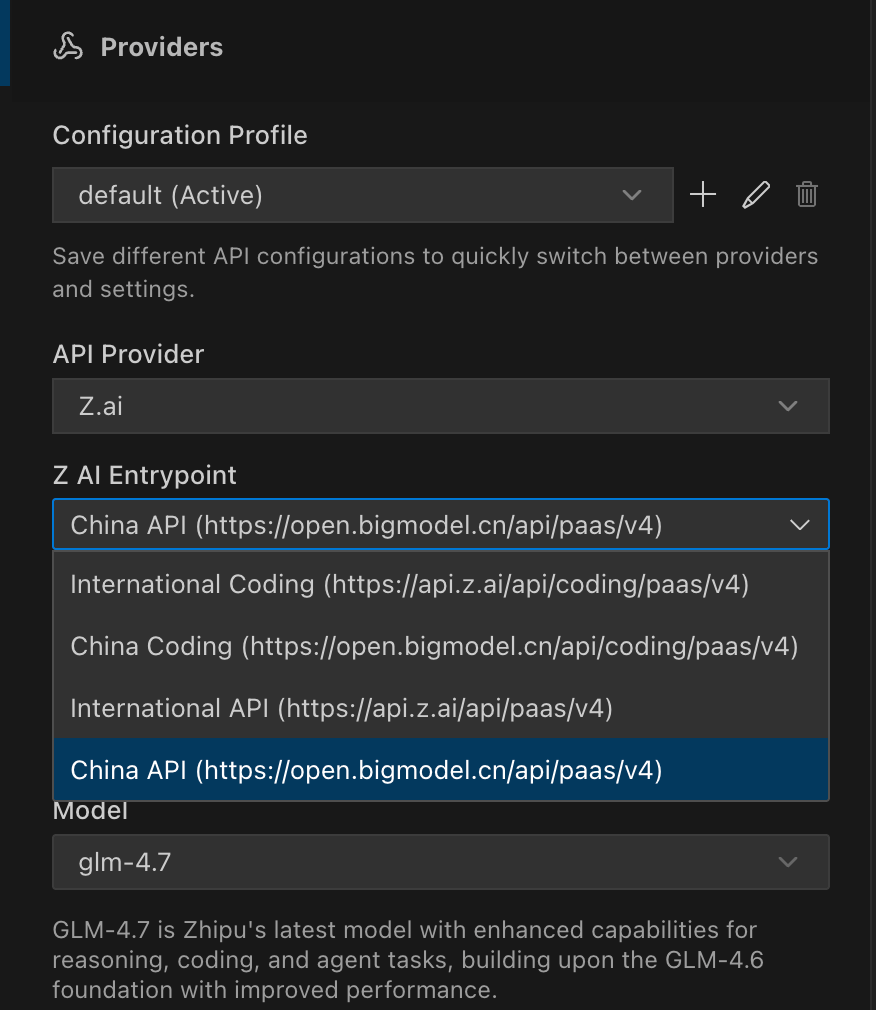 Screenshot of Kilo Code provider configuration showing Z.ai entrypoint selection with China API and International API options.