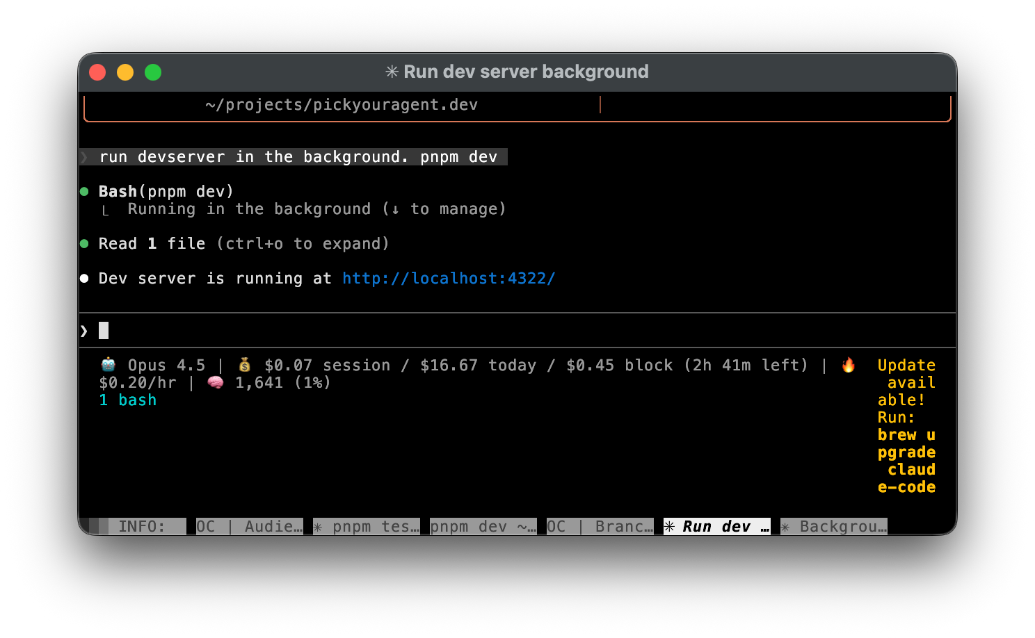 Claude Code showing a background task running with 1 bash process indicator