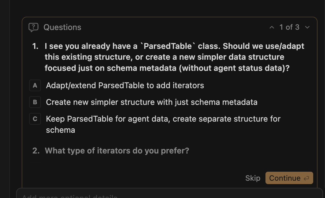 Screenshot of questions: an agent asks clarifying questions about the task.