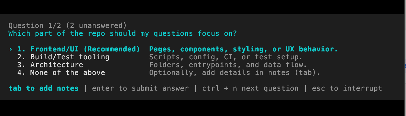 Example of the Codex questions interface